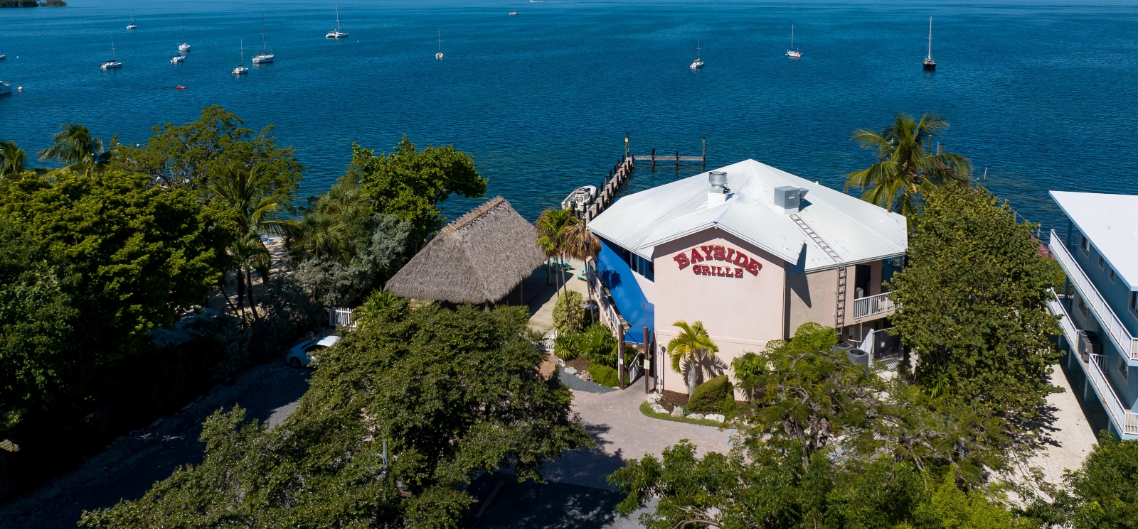 Aerial view of Bayside Grille and its dock along Florida Bay
